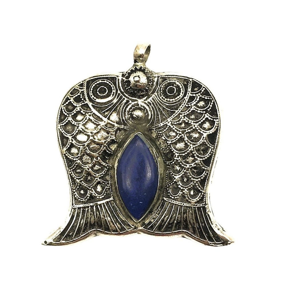 Lapis Lazuli Afghan Silver Fish Pendant Pisces Old Afghanistan Koi Luck Large